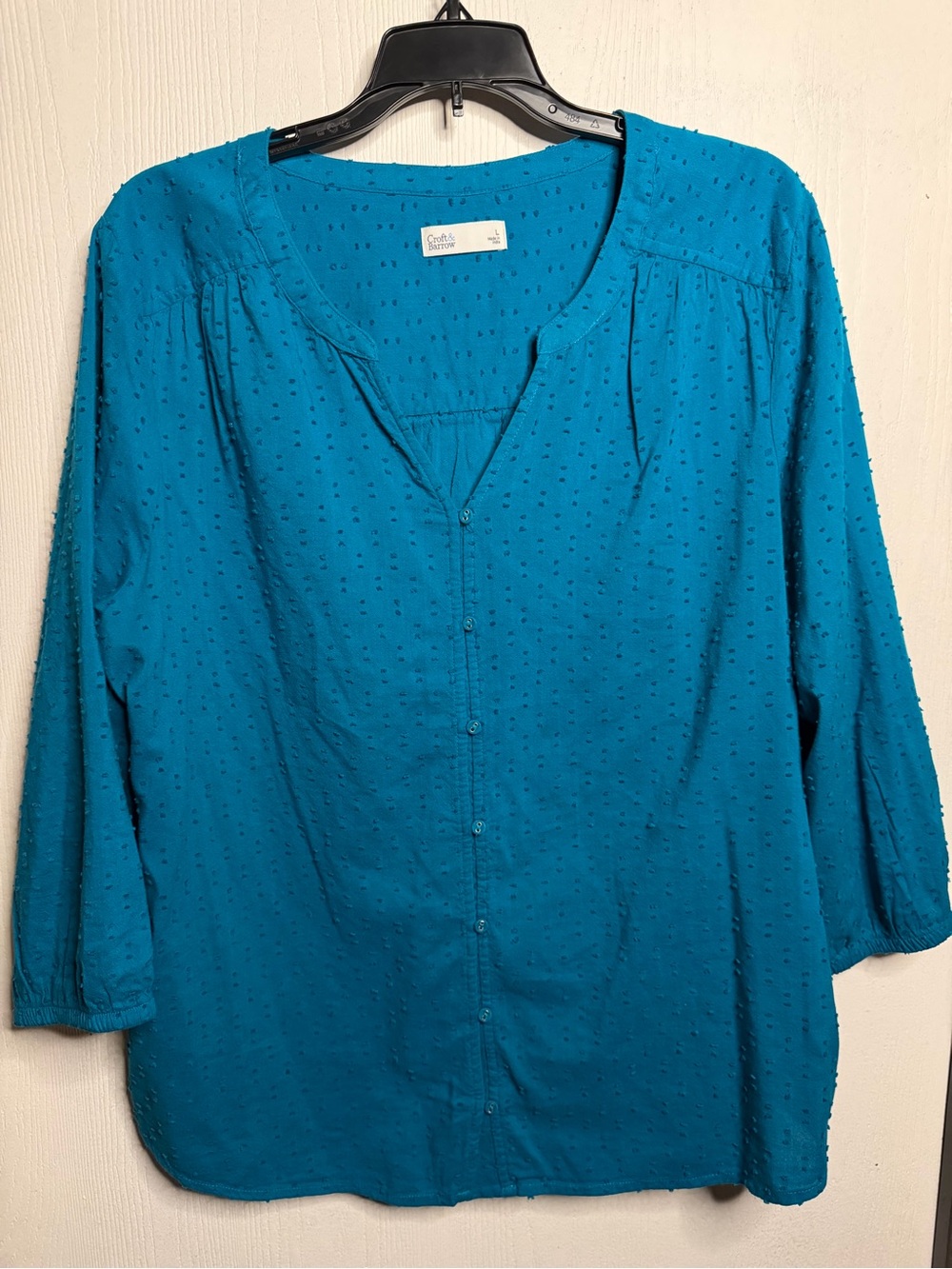 croft & barrow Teal Button-Front Dot Texture Blouse